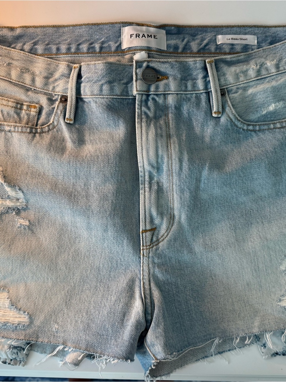 Frame Denim Light Blue Distressed Le Beau Jean Shorts